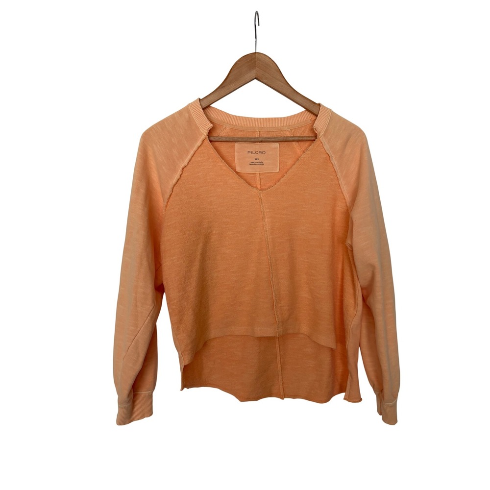 Pilcro Anthropologie Grunge Peach Orange V-Neck Sweatshirt High Low Raw Hem XXS